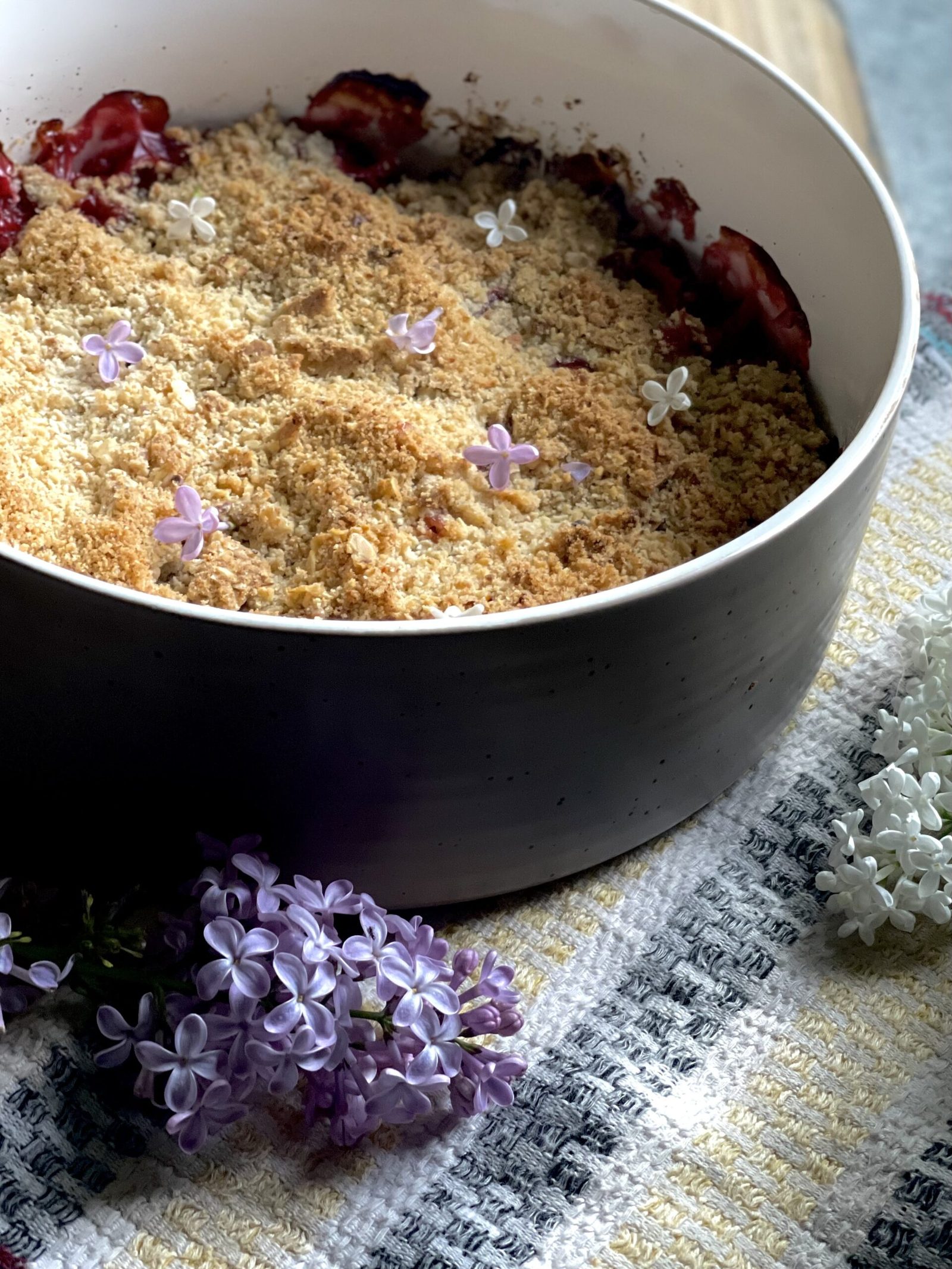 Strawberry Rhubarb Crisp with Lilac Sugar