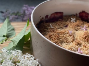 Strawberry Rhubarb Crisp with Lilac Sugar